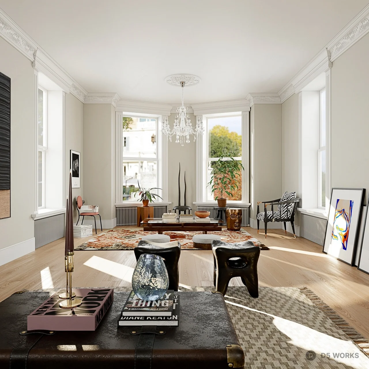 Mid Century Modern Living Room with Chandelier 3d model - Image 1