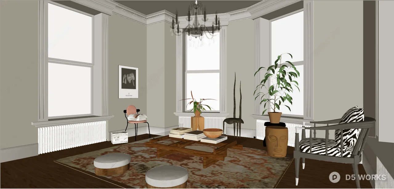 Mid Century Modern Living Room with Chandelier 3d model thumbnail 3