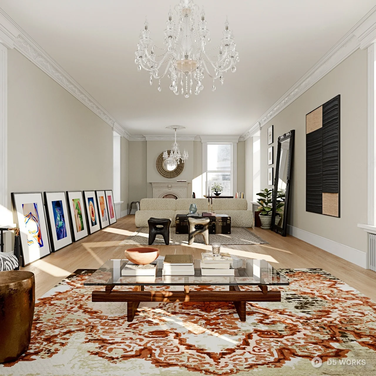 Mid Century Modern Living Room with Chandelier 3d model thumbnail 2