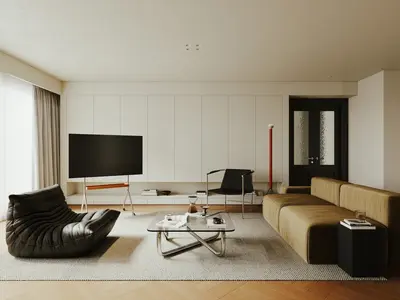 Minimalist Living Room with Beige Sofa and Black Accent Chair 3d model