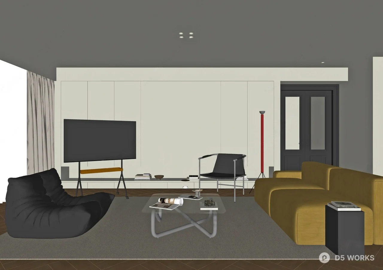 Minimalist Living Room with Beige Sofa and Black Accent Chair 3d model thumbnail 2