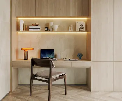 Minimalist Integrated Study Niche With Warm Lighting 3d model