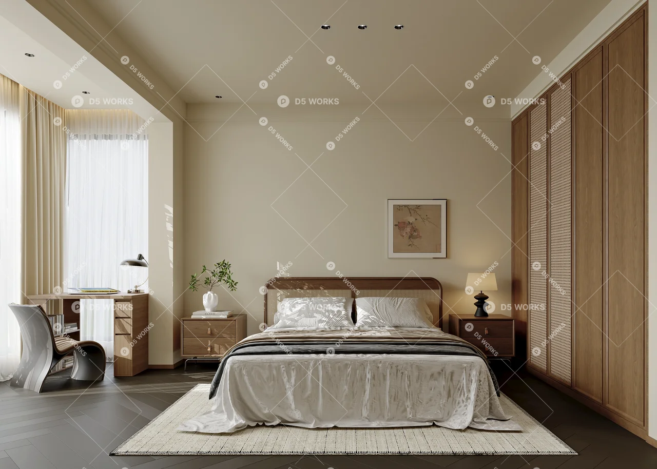 Minimalist Bedroom with Wooden Wardrobe and Vanity 3d model thumbnail 4