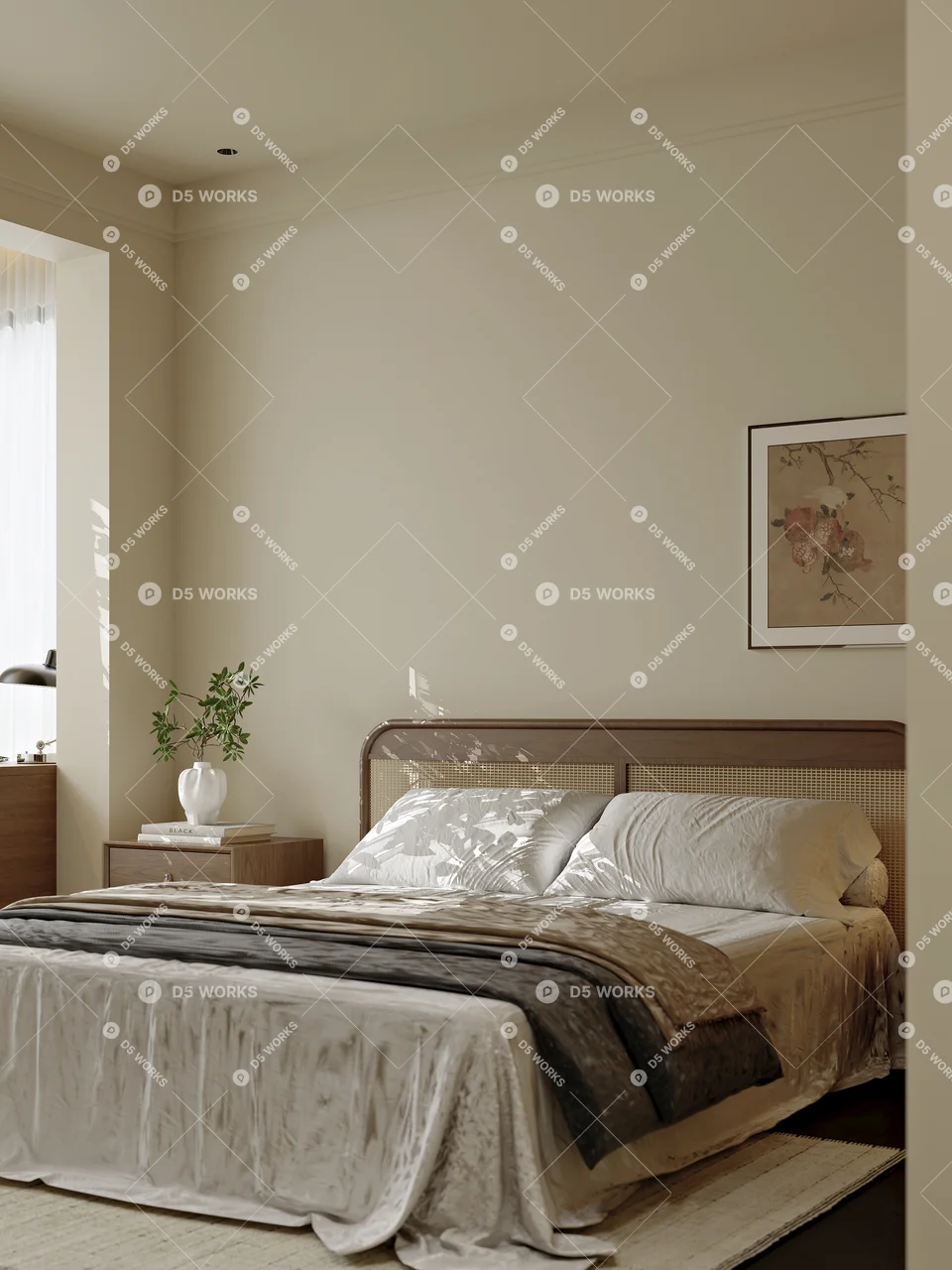 Minimalist Bedroom with Wooden Wardrobe and Vanity 3d model thumbnail 5