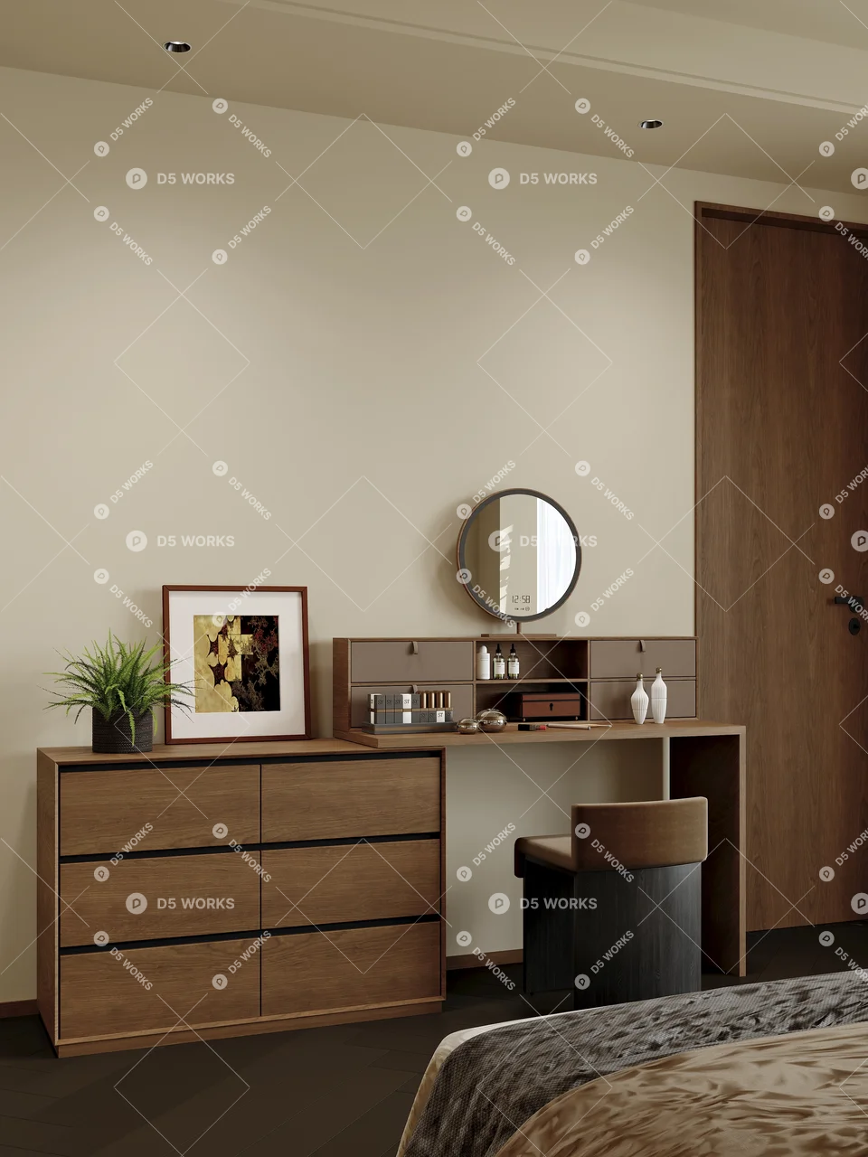 Minimalist Bedroom with Wooden Wardrobe and Vanity 3d model thumbnail 3
