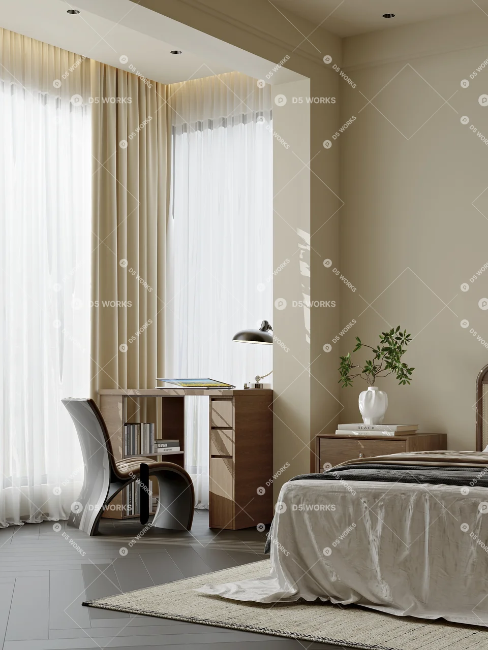 Minimalist Bedroom with Wooden Wardrobe and Vanity 3d model thumbnail 2