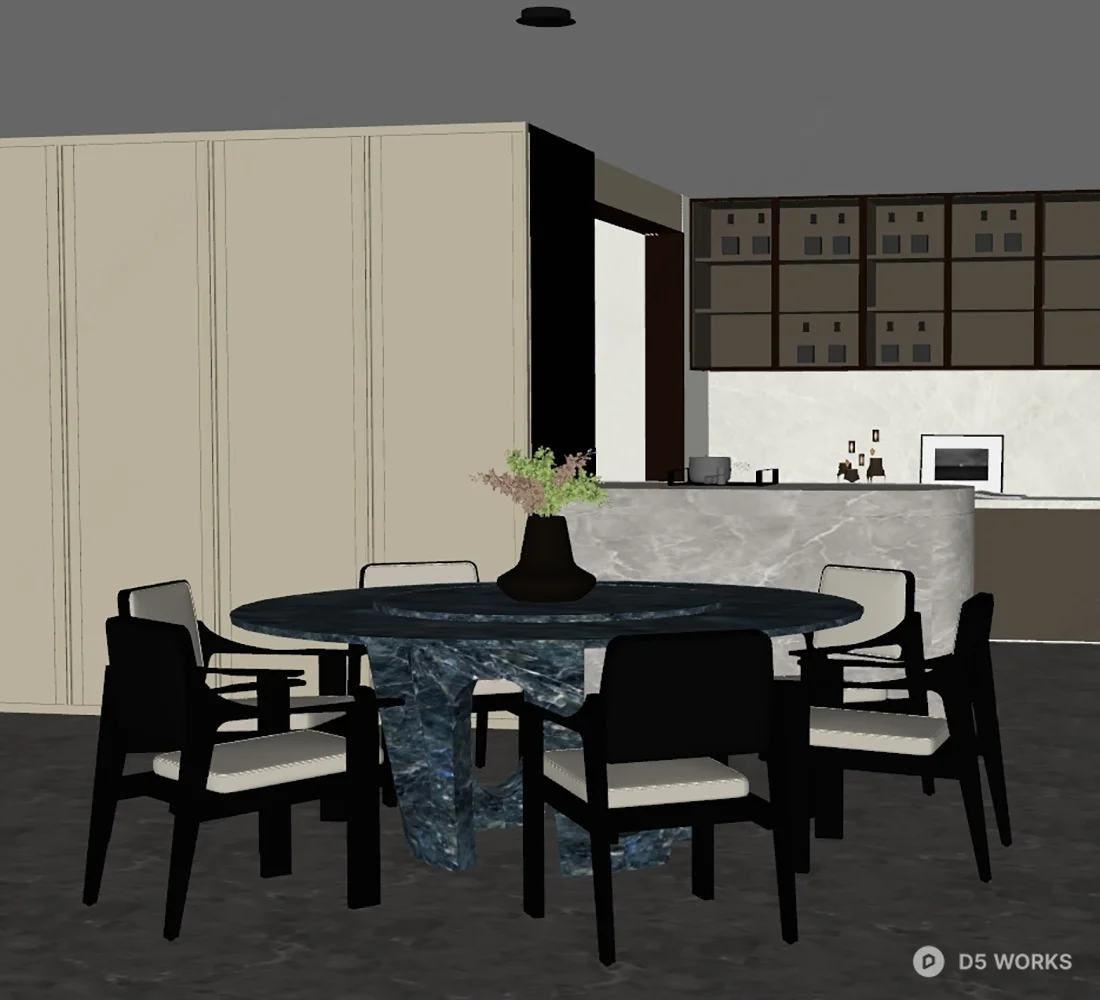Modern Dining Room with Marble Table and Sculptural Pendant 3D Model .skp