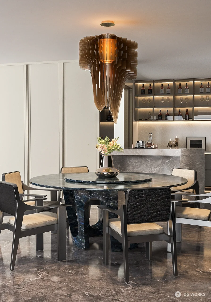 Modern Dining Room with Marble Table and Sculptural Pendant 3D Model .skp