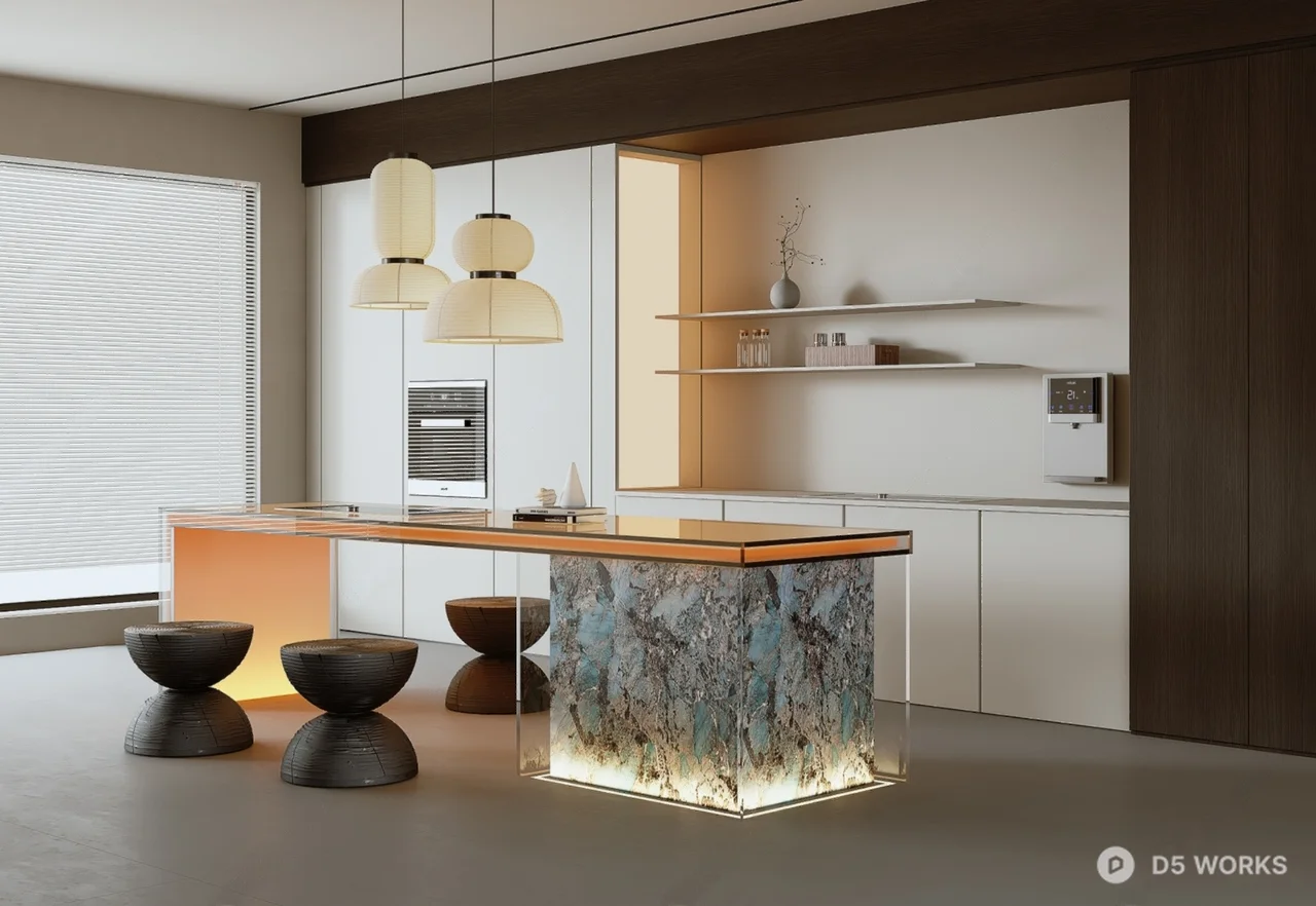 Minimalist Open Kitchen With Illuminated Island 3d model - Image 1