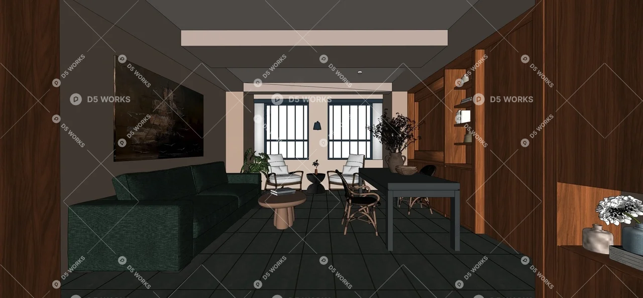 Modern Living Room with Green Sofa and Wooden Furniture 3d model thumbnail 2