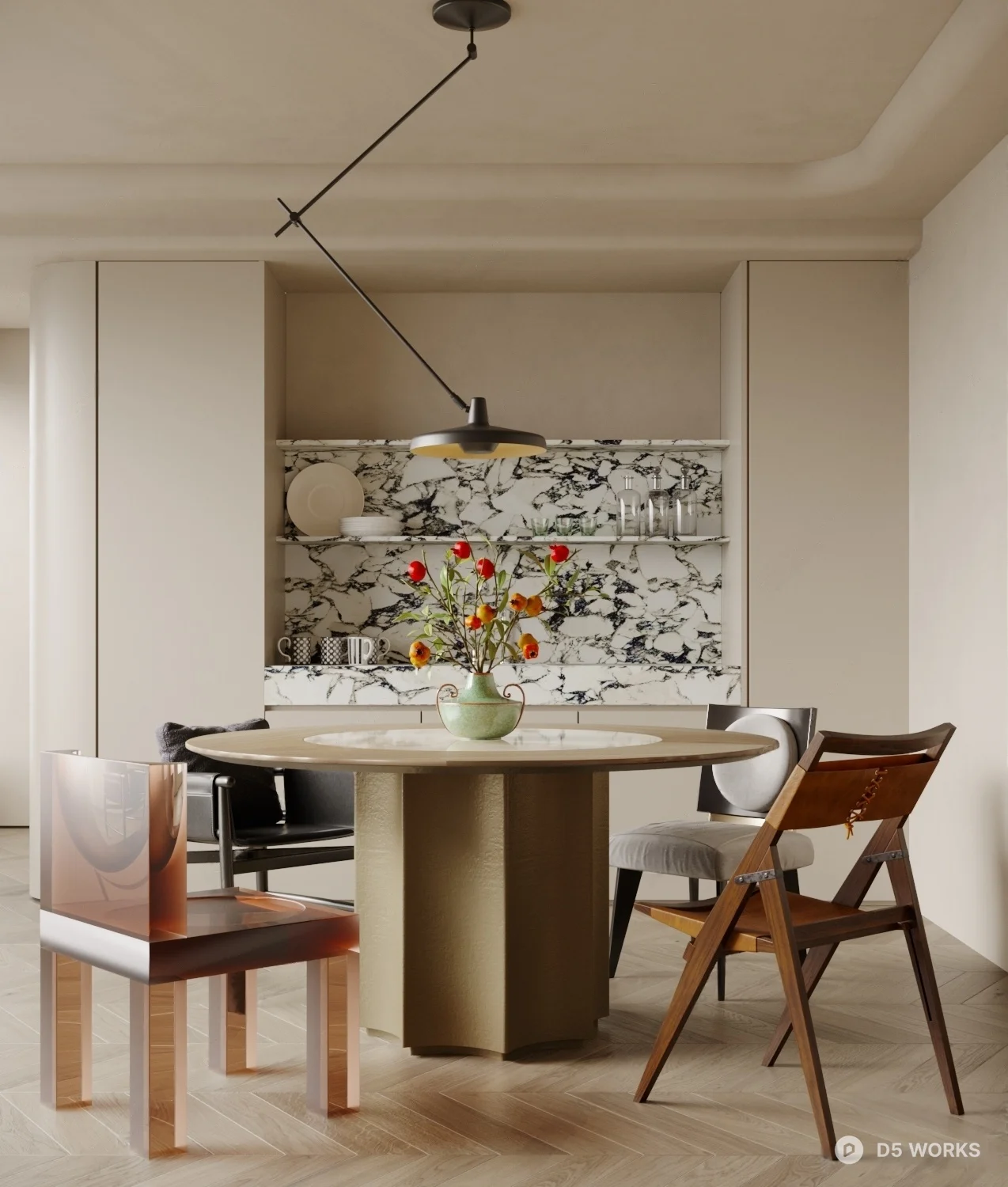 Minimalist Dining Room With Marble Backsplash And Wooden Chairs 3D ...