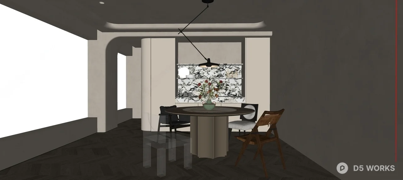 Minimalist Dining Room With Marble Backsplash And Wooden Chairs 3d model thumbnail 2