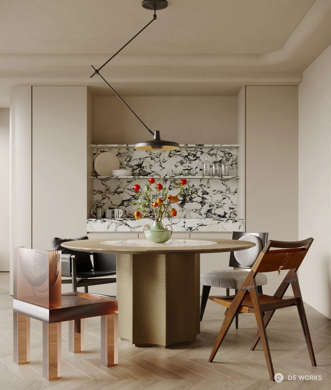 Minimalist Dining Room With Marble Backsplash And Wooden Chairs 3d model - Image 1