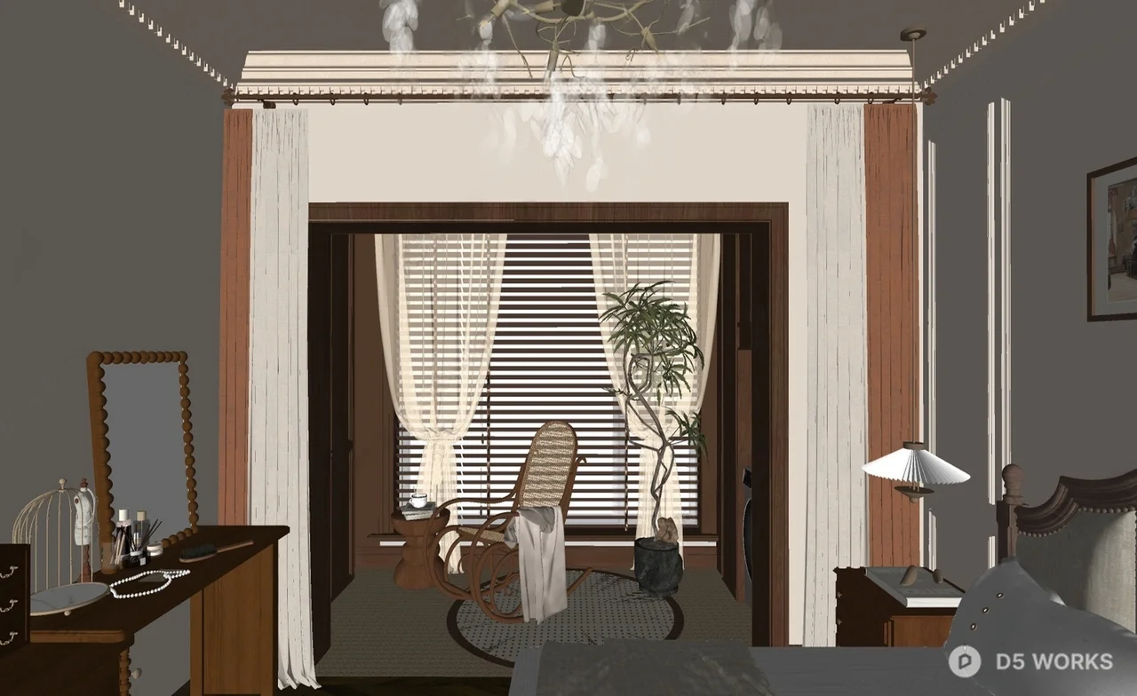 Mid Century Modern Bedroom with Sheer Curtains 3d model thumbnail 2