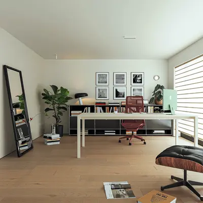 Minimalist Home Study With Wooden Floor And Green Plant 3d model