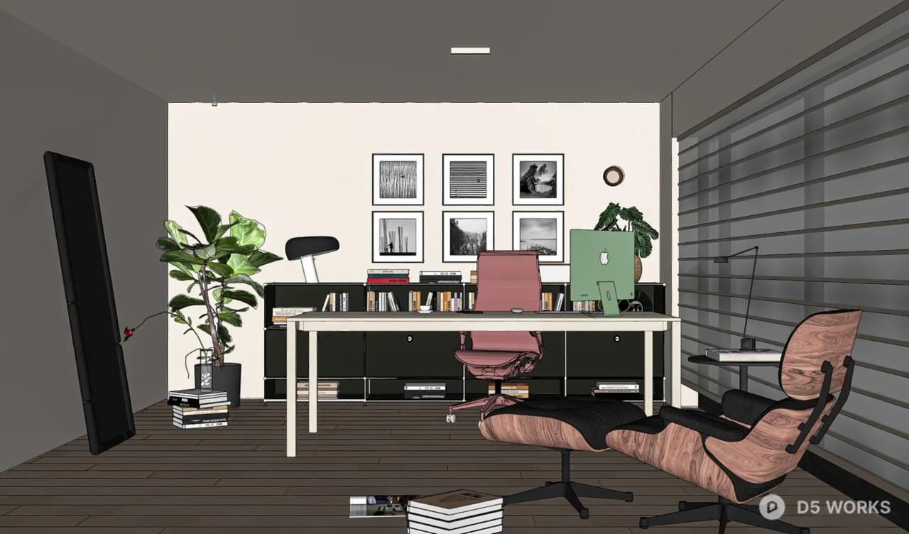 Minimalist Home Study With Wooden Floor And Green Plant 3d model thumbnail 2
