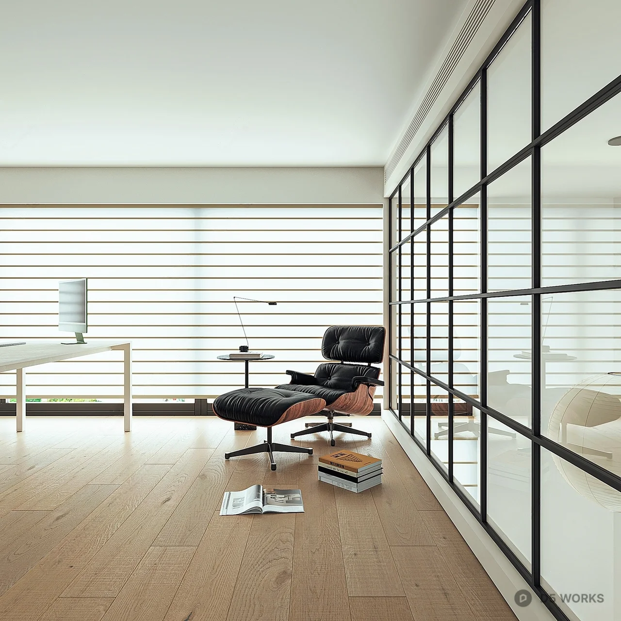 Minimalist Home Study With Wooden Floor And Green Plant 3d model thumbnail 3