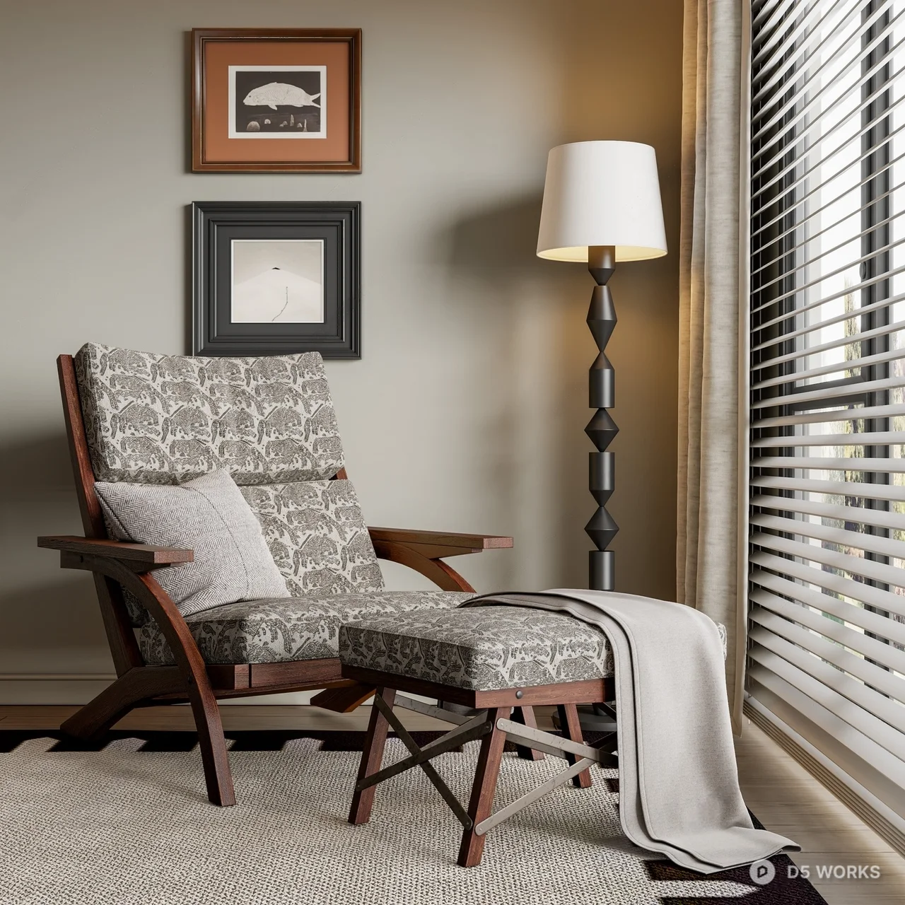 Patterned Upholstered Armchair With Ottoman 3d model - Image 1