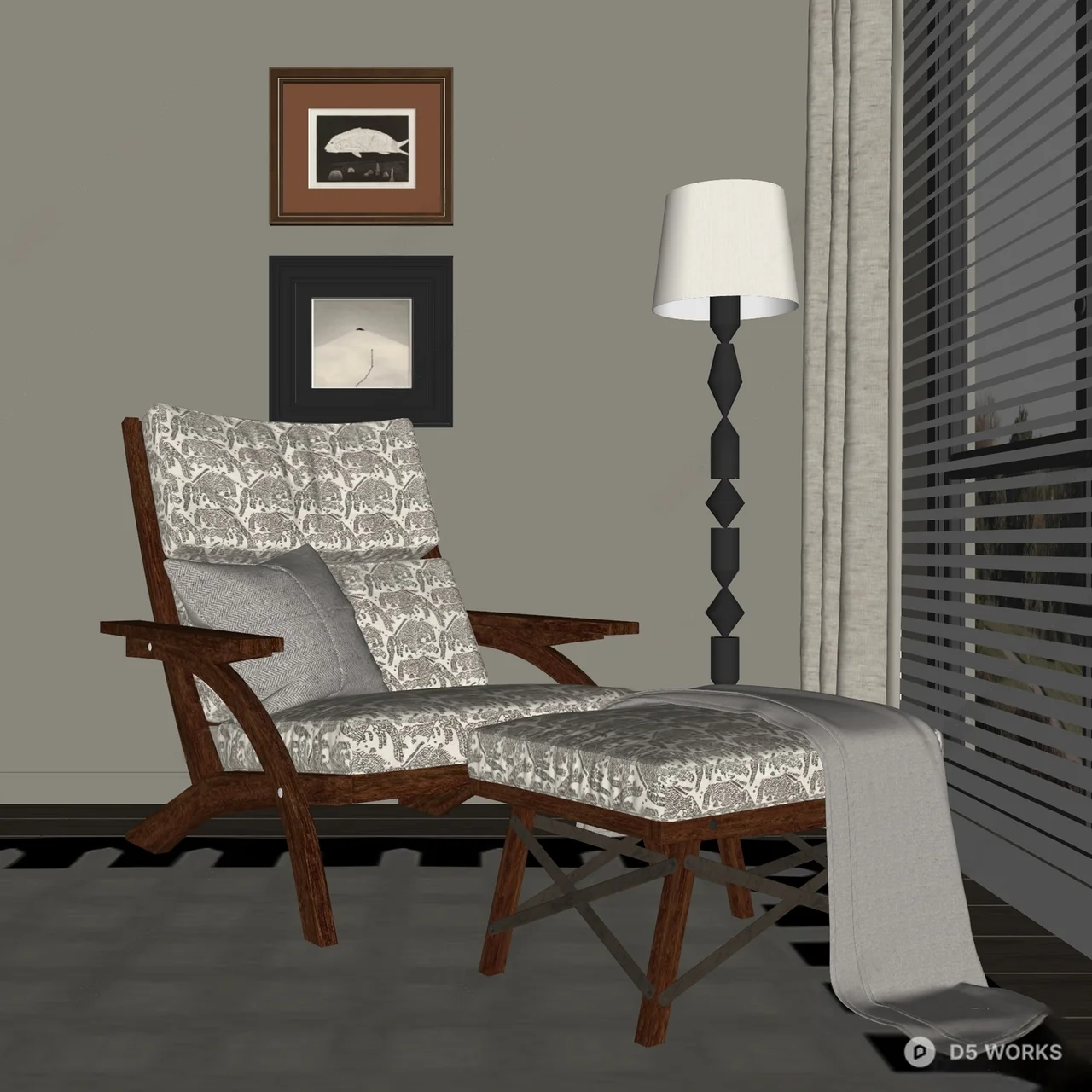 Patterned Upholstered Armchair With Ottoman 3d model thumbnail 2