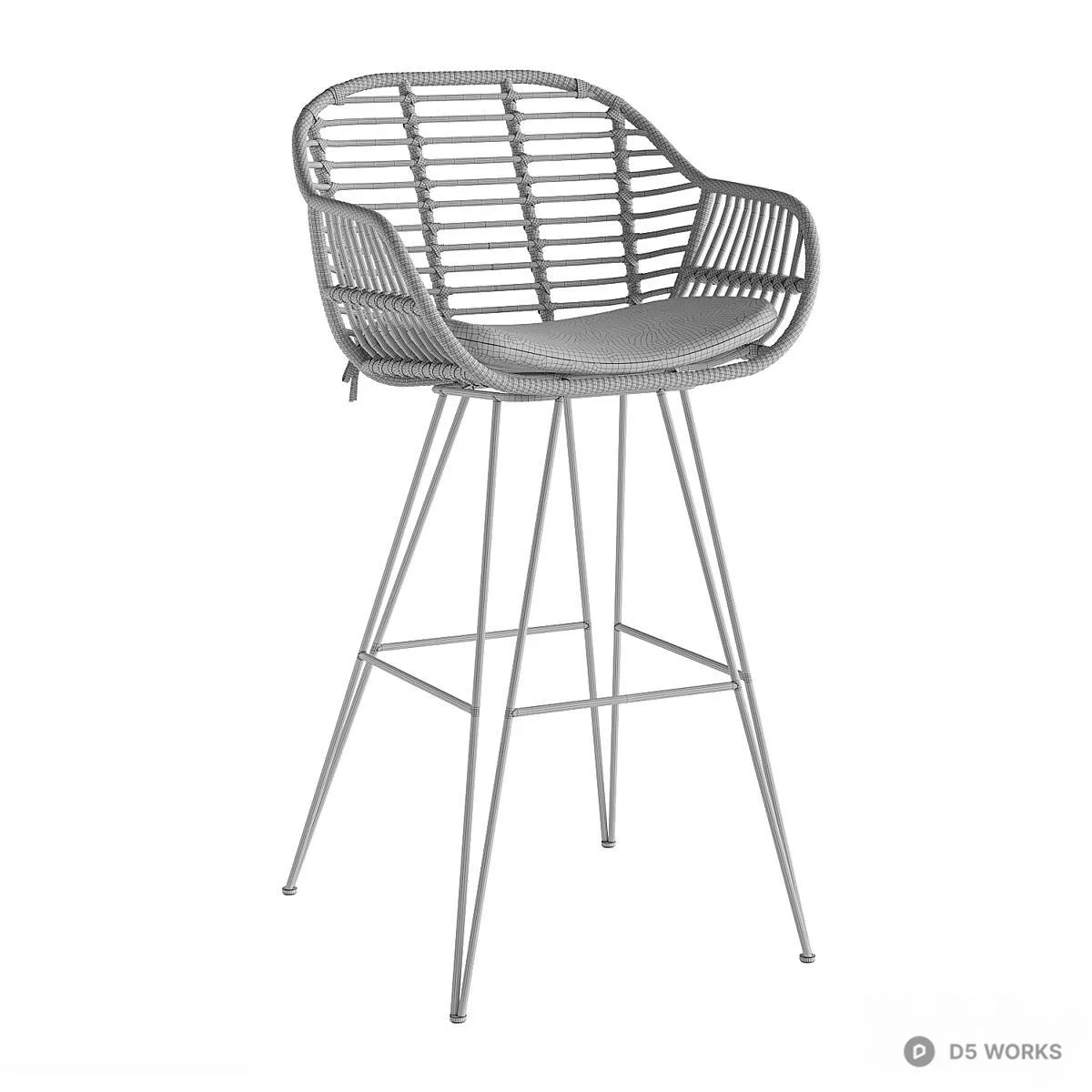 Rattan Wicker Bar Chair With Black Cushion 3d model thumbnail 3