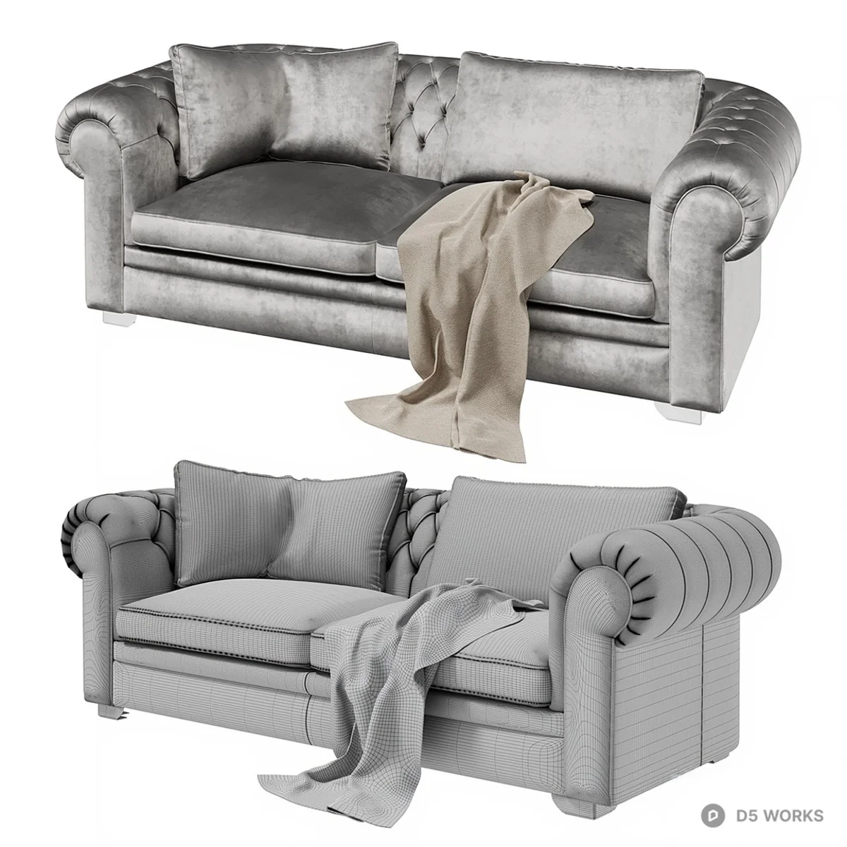 Velvet Chesterfield Three Seater Sofa 3d model thumbnail 3