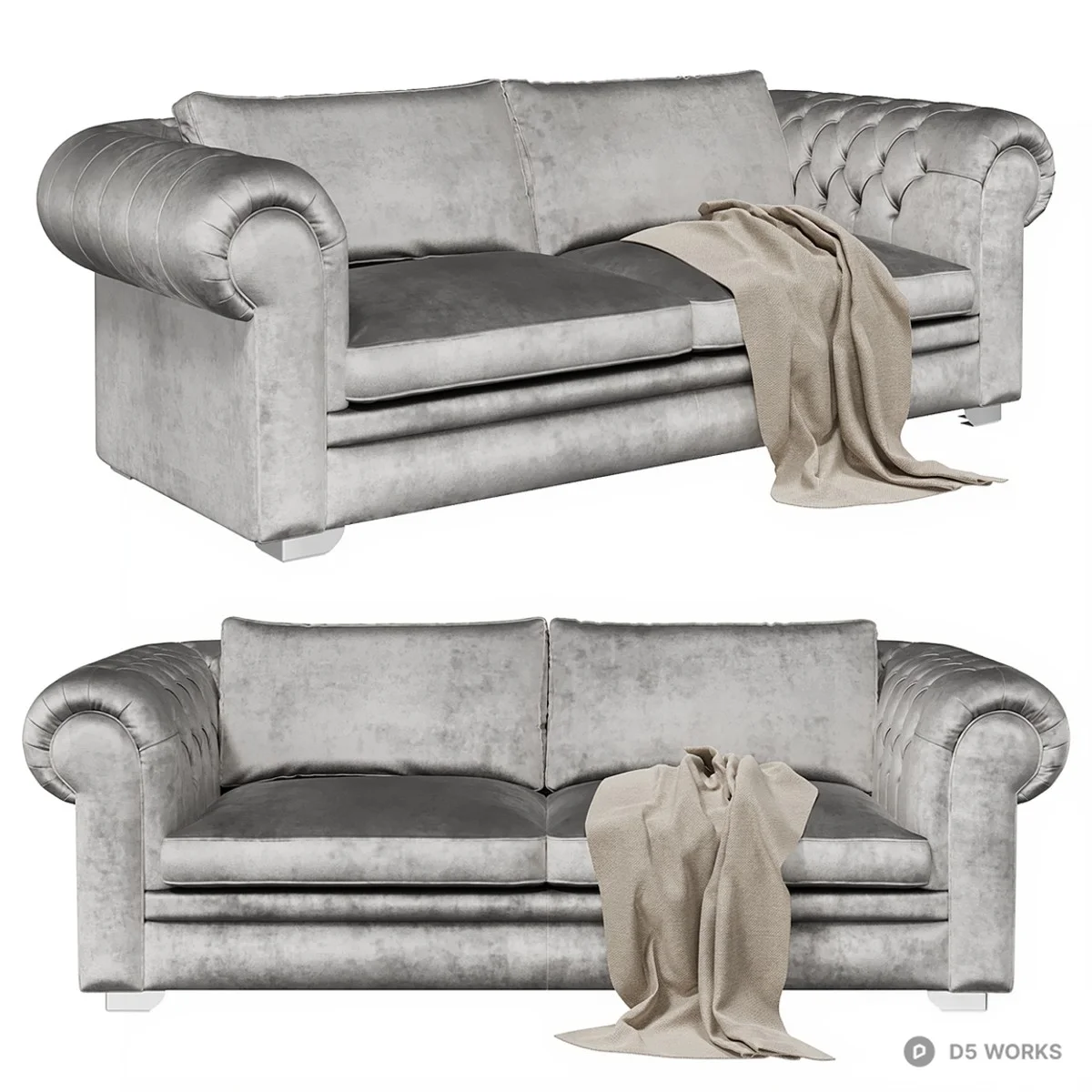 Velvet Chesterfield Three Seater Sofa 3d model thumbnail 2