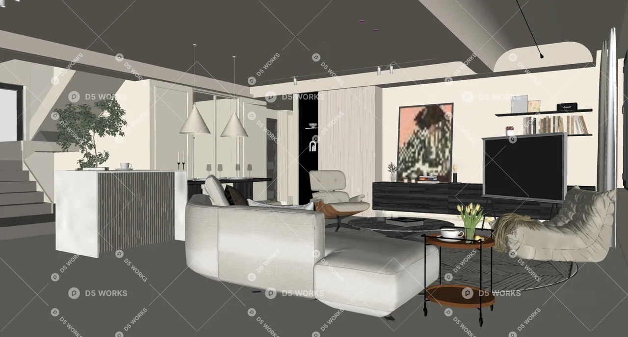 Modern Living & Dining Room 3d model thumbnail 2