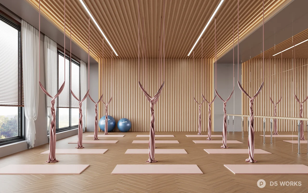 Minimalist Yoga Studio With Wooden Ceiling And Mirrored Walls 3d model - Image 1