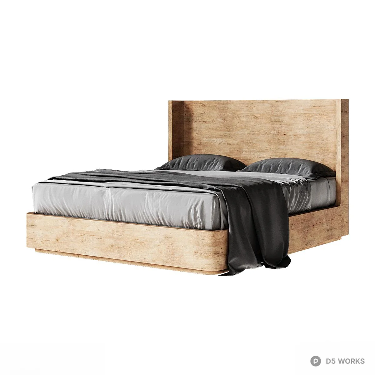 Wooden Platform Bed With Headboard 3d model thumbnail 3