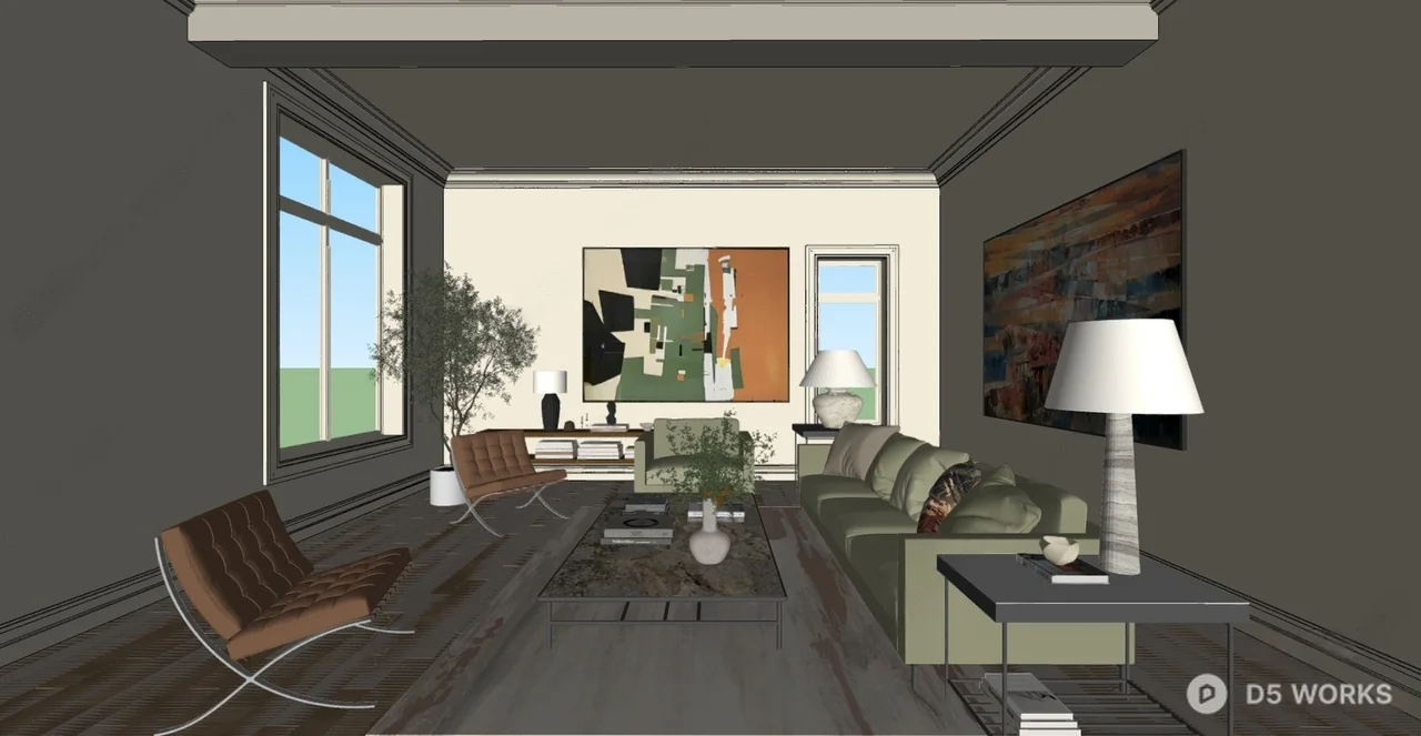 Modern Living Room with Abstract Art and Green Sofa 3d model thumbnail 2