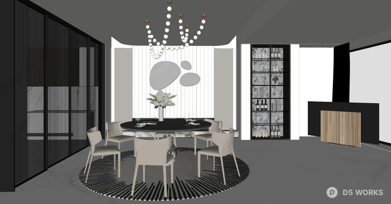 Minimalist Luxury Dining Room with Sculptural Chandelier 3d model thumbnail 2