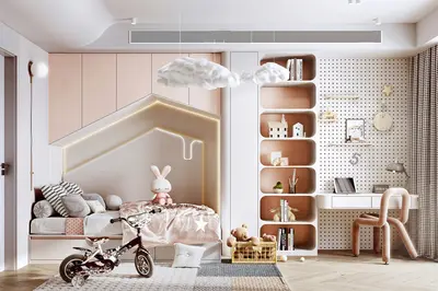 Minimalist Children's Room With Cloud Pendant And Built-In Bed Niche 3d model