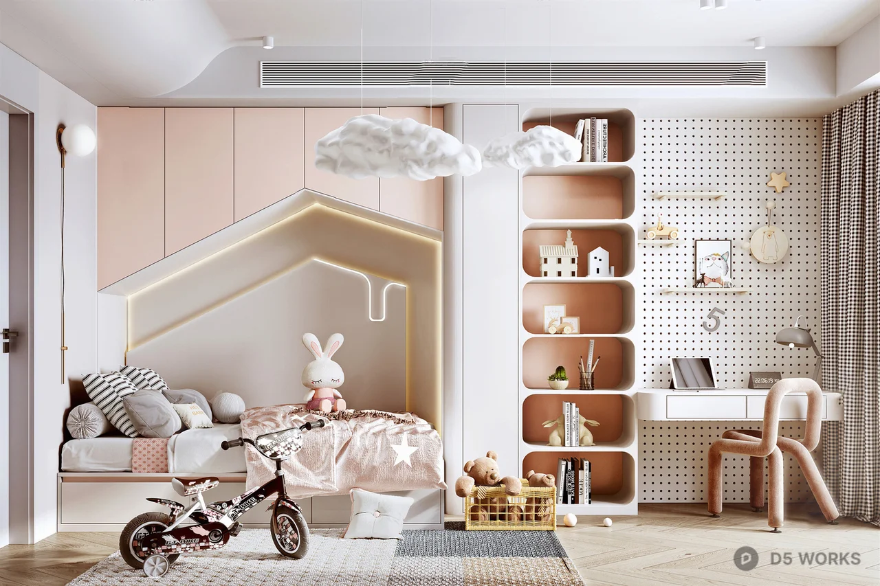 Minimalist Children's Room With Cloud Pendant And Built-In Bed Niche 3d model - Image 1
