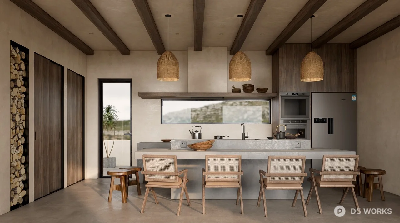 Minimalist Open Kitchen With Wooden Accents 3d model - Image 1