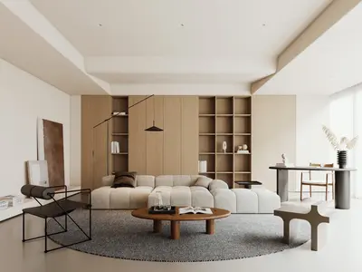 Organic Modern Living Room with Modular Sofa and Wooden Shelving 3d model