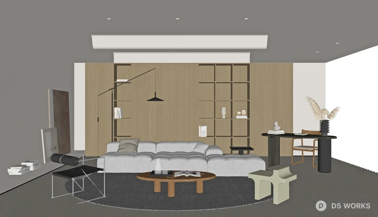 Organic Modern Living Room with Modular Sofa and Wooden Shelving 3d model thumbnail 2