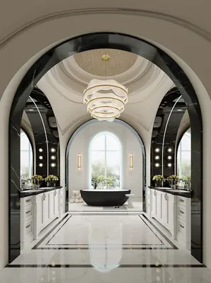 Luxury Bathroom With Arched Entrance And Freestanding Bathtub 3d model