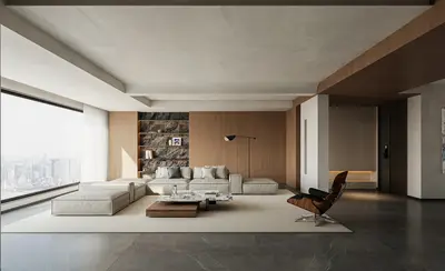 Minimalist Living Room with Stone Accent Wall 3d model