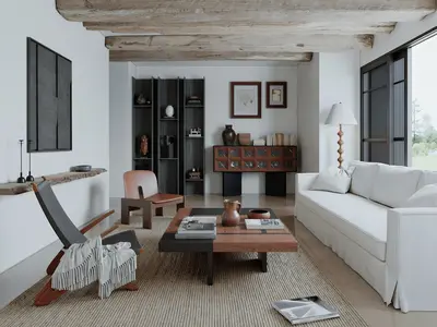 Minimalist Living Room With Exposed Beam Ceiling 3d model