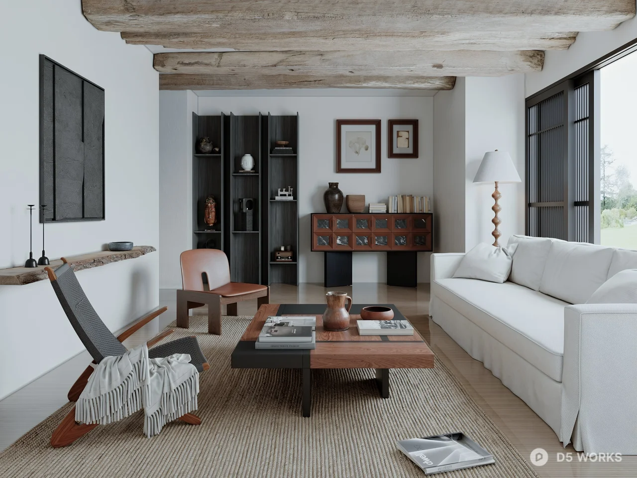 Minimalist Living Room With Exposed Beam Ceiling 3d model - Image 1