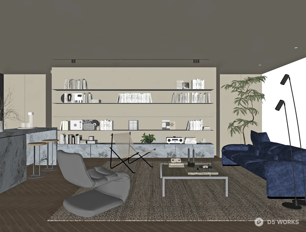 Modern Open Plan Living Dining Space 3d model thumbnail 2