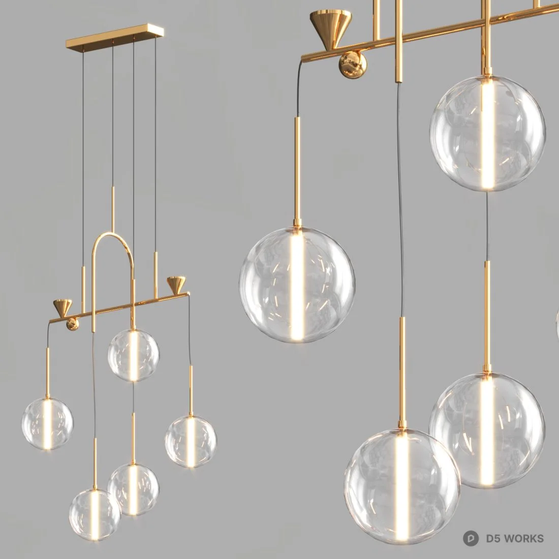 Minimalist Gold Linear Pendant Light With Glass Spheres 3d model thumbnail 2