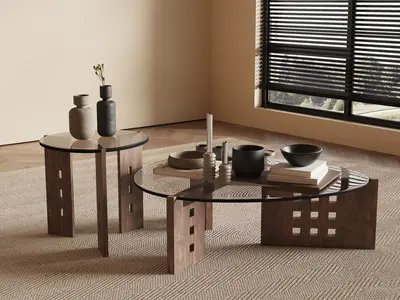 Geometric Wood And Glass Coffee Table Set 3d model