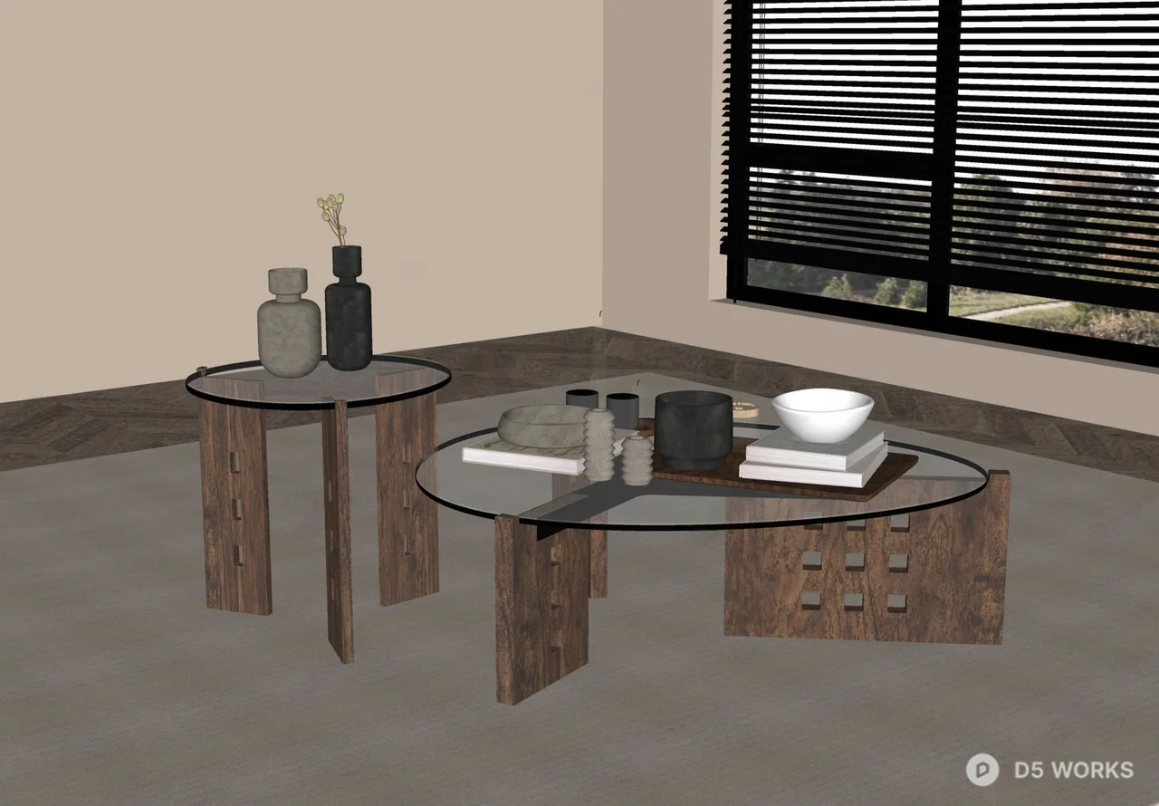 Geometric Wood And Glass Coffee Table Set 3d model thumbnail 2