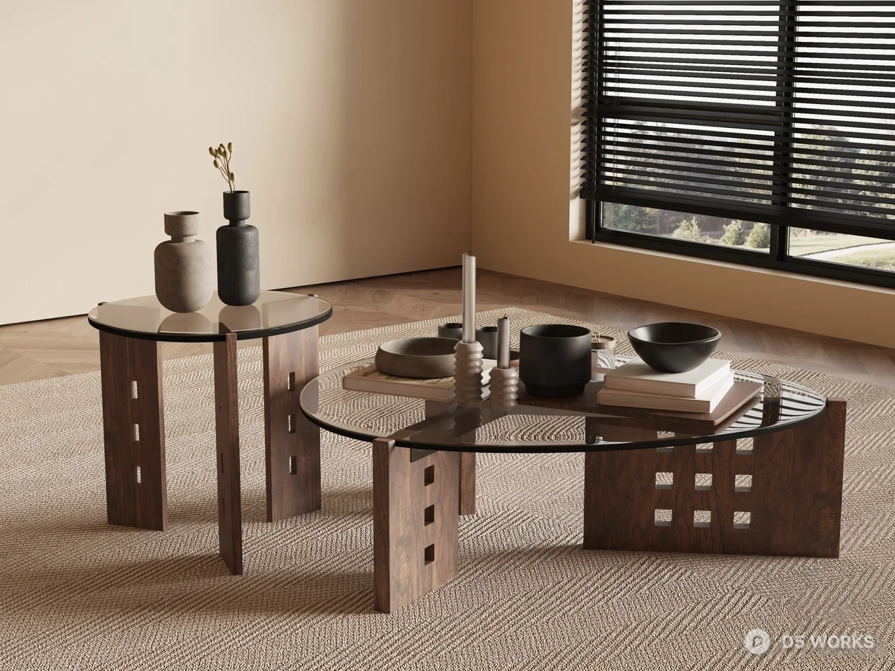Geometric Wood And Glass Coffee Table Set 3d model - Image 1