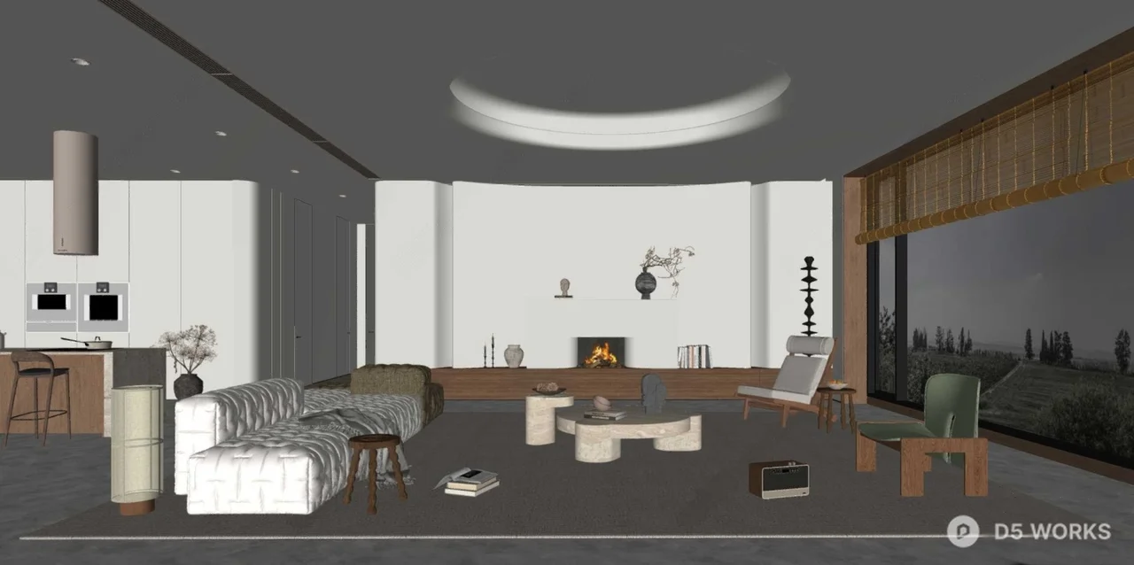 Minimalist Living Dining Space with Fireplace 3d model thumbnail 2