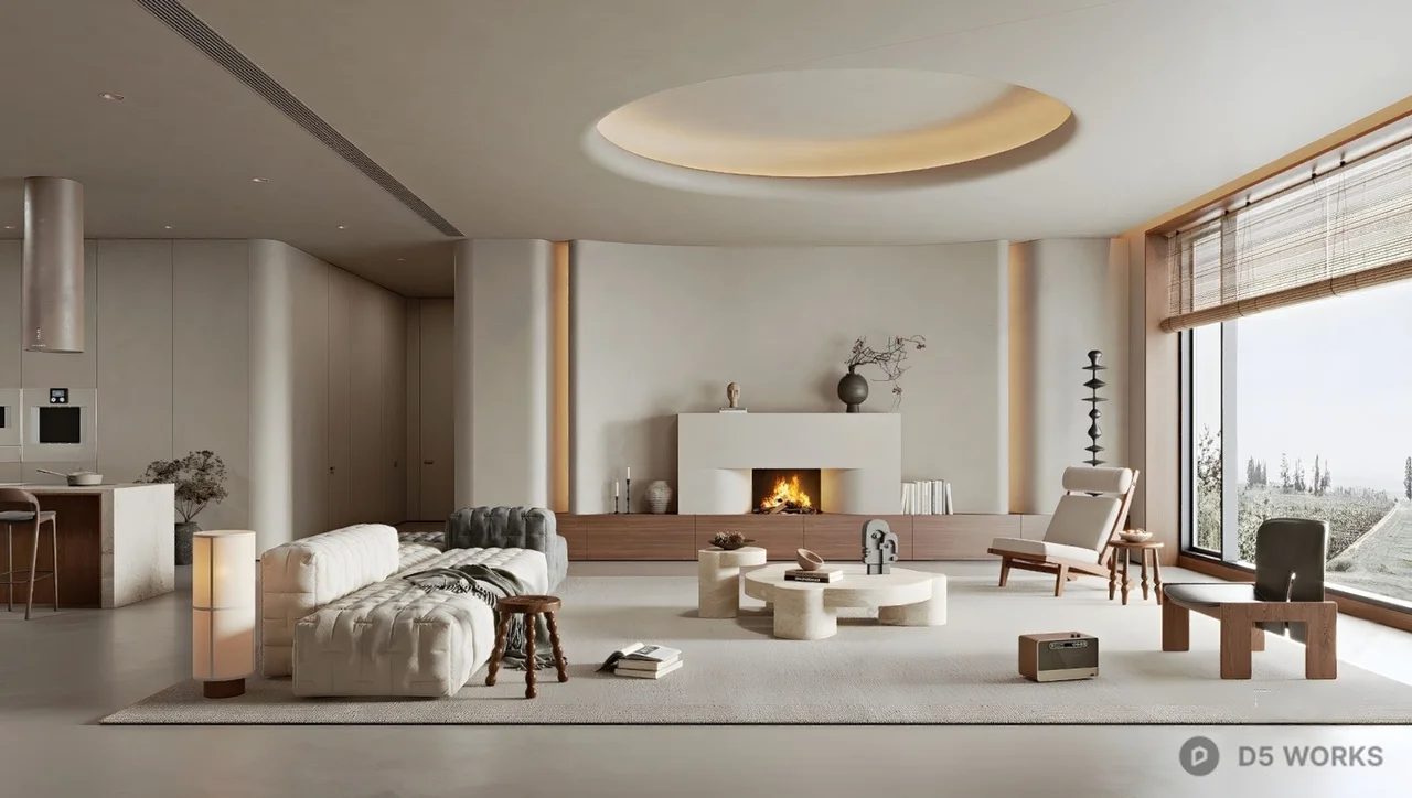 Minimalist Living Dining Space with Fireplace 3d model - Image 1