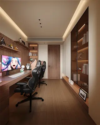 Modern Minimalist Home Study With Integrated Shelving And Gaming Setup 3d model