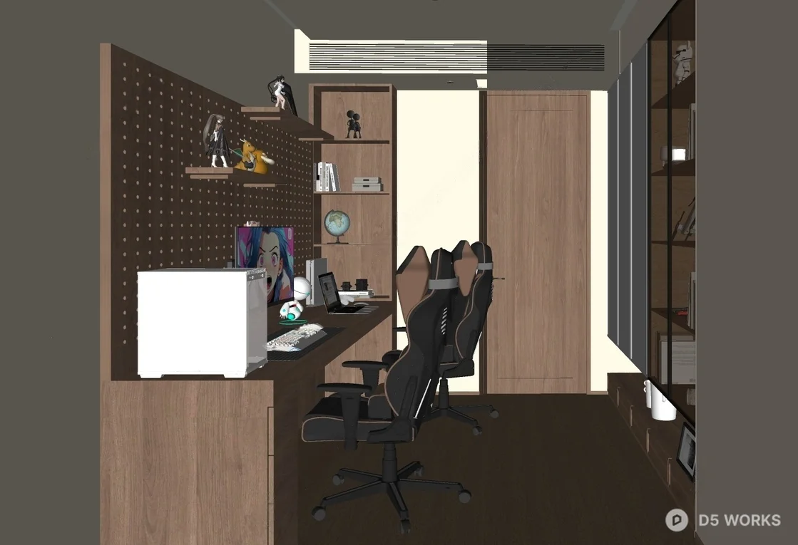 Modern Minimalist Home Study With Integrated Shelving And Gaming Setup 3d model thumbnail 2