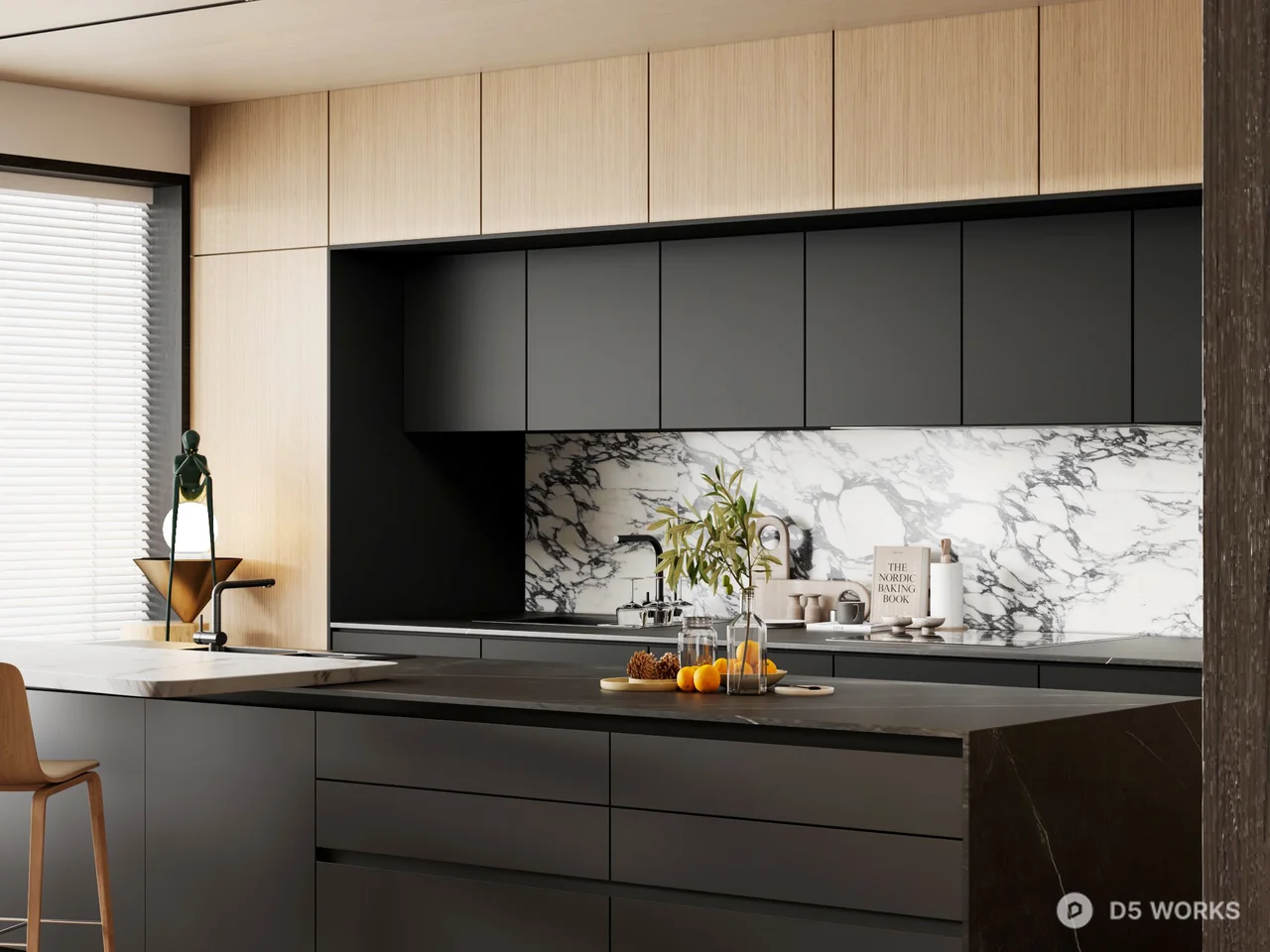 Modern Open Kitchen with Marble Backsplash and Wooden Bar Stools 3d model thumbnail 3